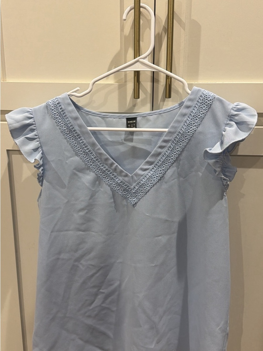 SHEIN Light Blue Crochet Trim V-Neck Ruffle Sleeve Blouse